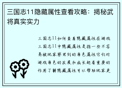 三国志11隐藏属性查看攻略：揭秘武将真实实力